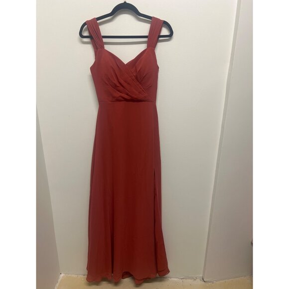 Wedding Guest Rust Sleeveless Evening Gown With Side Slit & Open Back Design - Picture 3 of 13